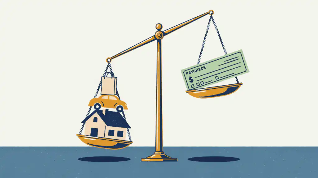 A balance scale where a house, car, and paper bag outweigh a check marked PAYCHECK, essentials heavier than take-home pay
