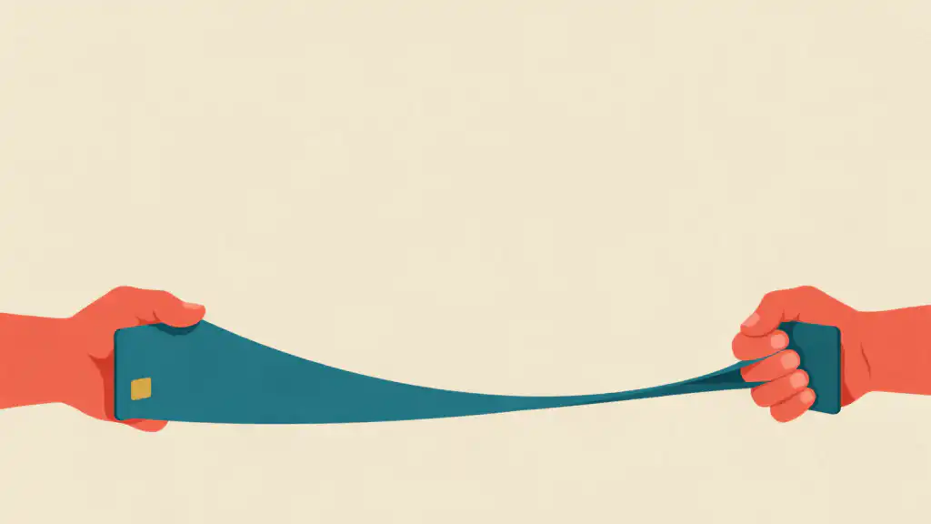 A teal credit card stretched thin like taffy between two hands into a long, sagging band