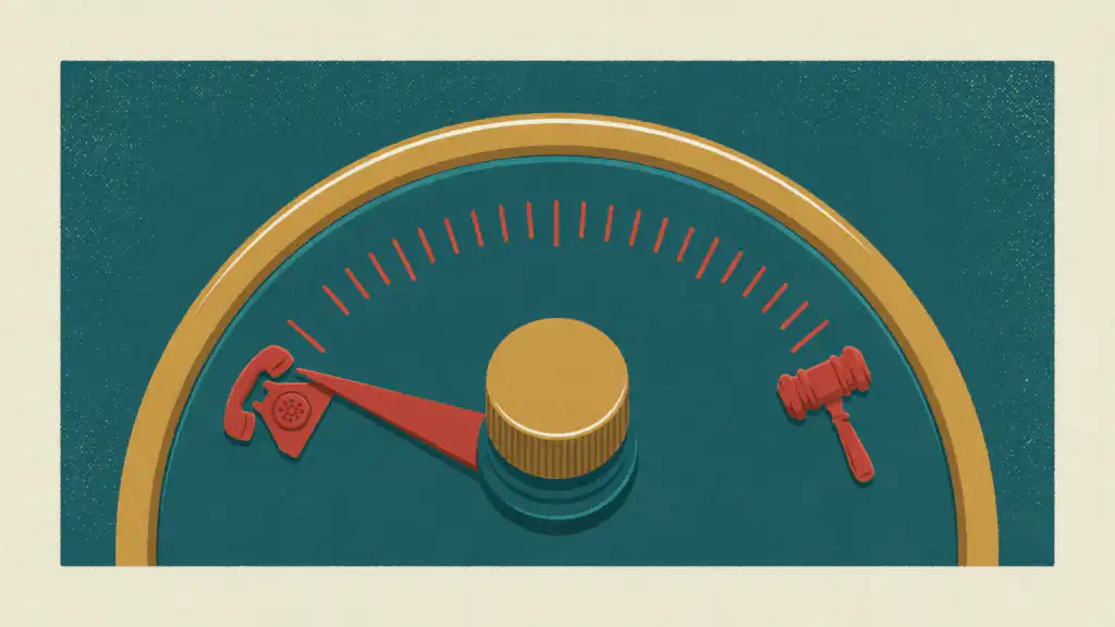 A brass gauge with its red needle on a telephone symbol and a gavel symbol at the far end of its range