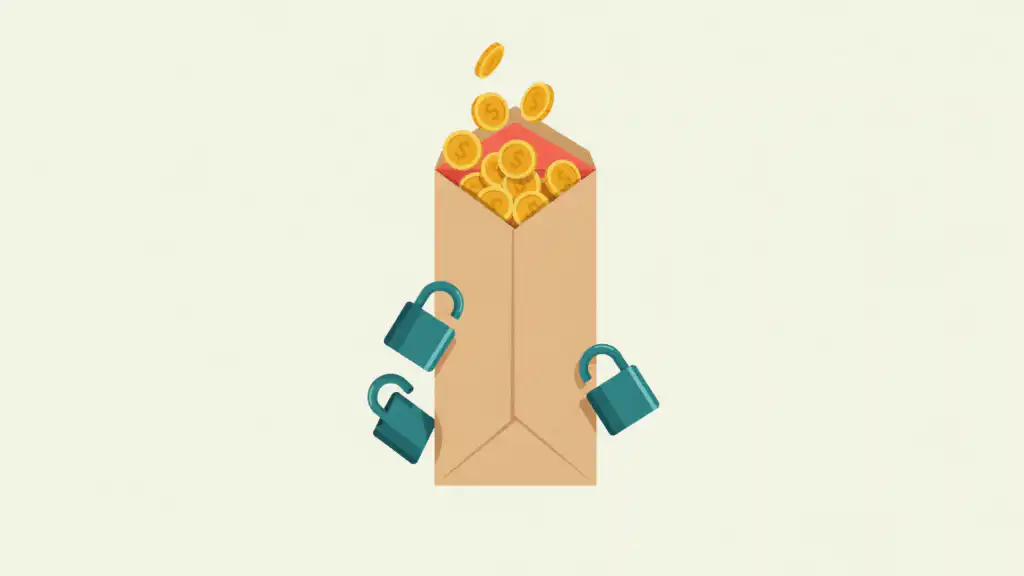 Open padlocks falling away from a tall kraft pay envelope spilling gold dollar-sign coins