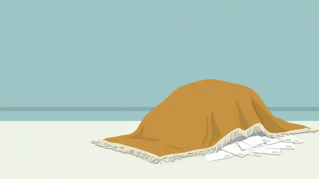 Unopened bills swept under a mustard rug, a pile of envelopes spilling out past its fringed edge.
