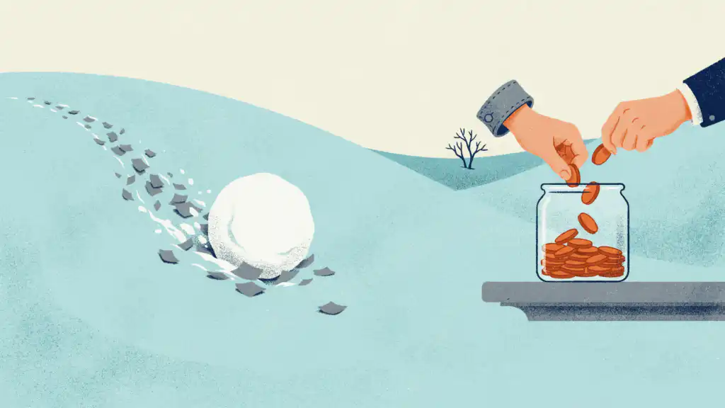 A snowball rolls down a snowy hill as two hands, one in a suit sleeve, drop copper coins into a glass jar