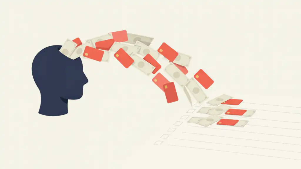 Paper money and credit cards stream out of a navy head silhouette and settle in three rows on a checklist page