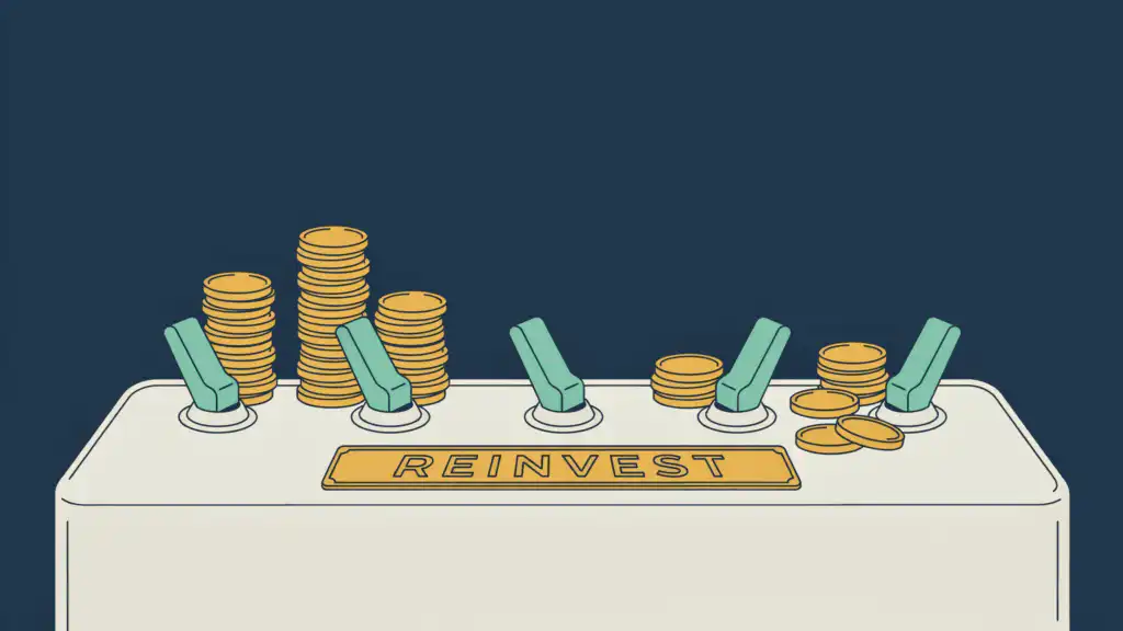 Toggle switches on a panel marked REINVEST, tall coin stacks behind the left ones and short stacks with loose coins at right