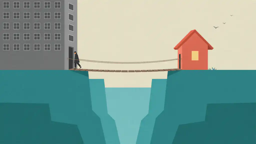 A figure steps onto a plank bridge running from a gray apartment block to a small coral cottage