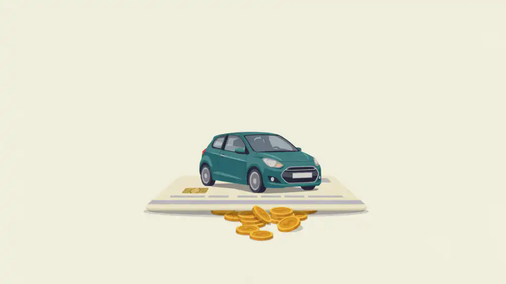 Teal car parked on an oversized credit card as gold coins spill from under the card