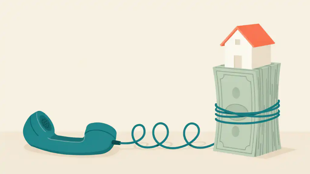 Teal telephone handset whose curly cord is wrapped around a stack of down payment cash topped by a small model house