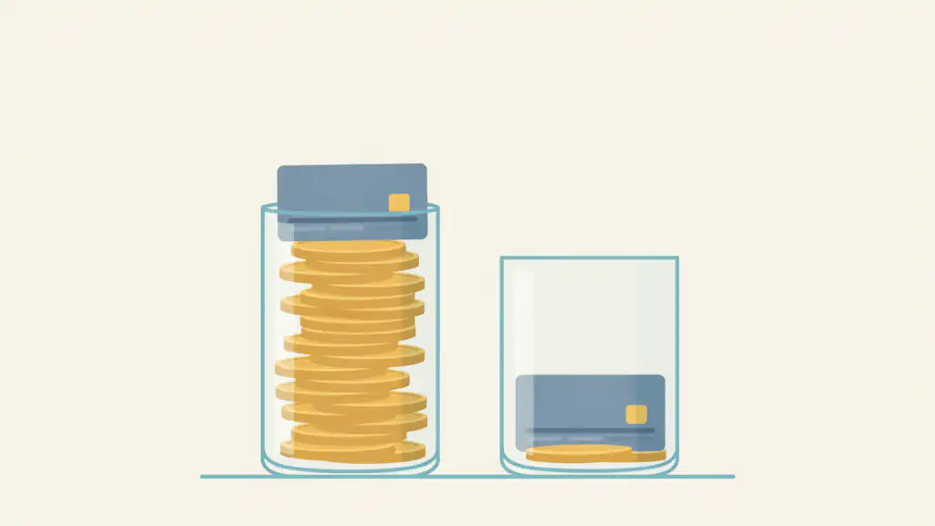 Two glass cylinders of gold coins, each topped by a corporate card that sits high or low with the coin level