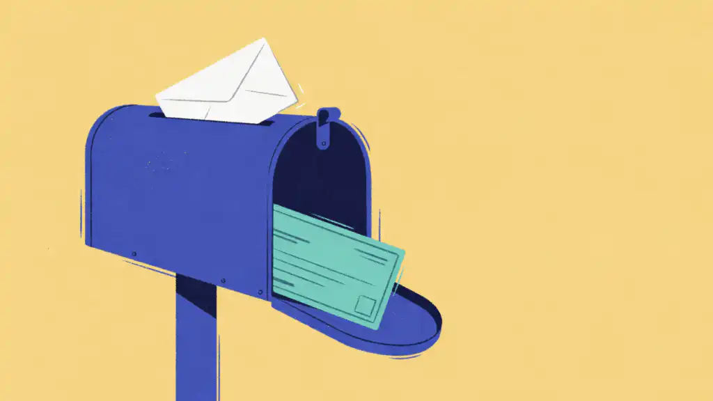 A blue mailbox takes in an envelope as a green check slides out, illustrating filing for the earned income tax credit