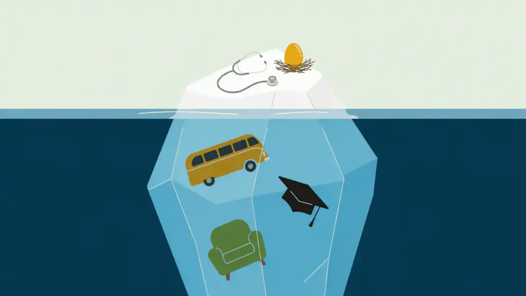 Employee benefits iceberg with a stethoscope and nest egg on its tip and a bus, graduation cap, and armchair below