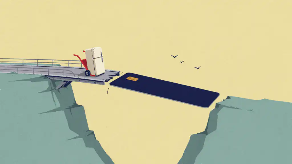 A refrigerator on a hand truck reaches the end of a steel bridge, where a giant credit card spans the rest of the gap.