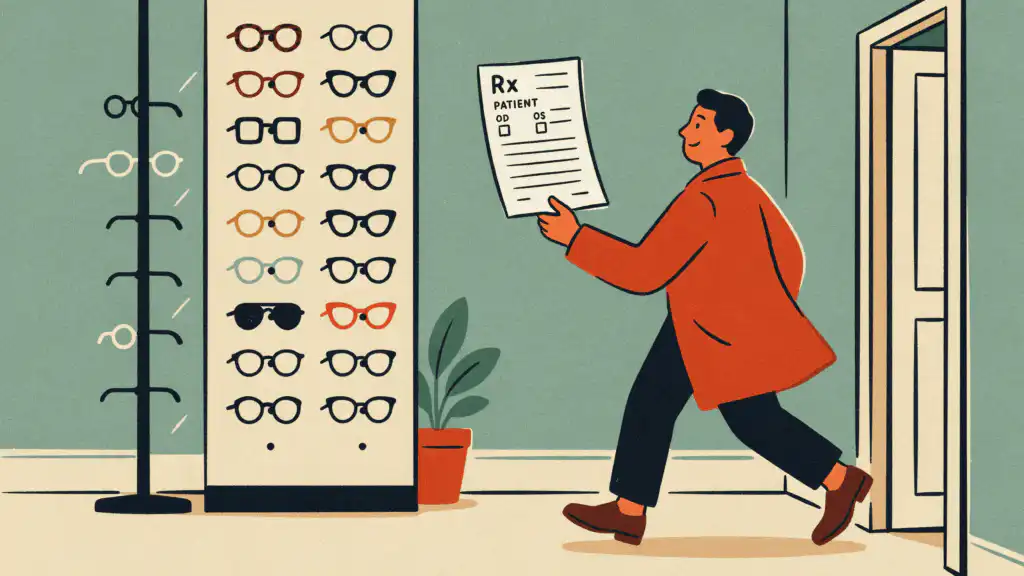 A man in an orange coat carries a glasses prescription marked Rx toward an open door, past a display of eyeglass frames