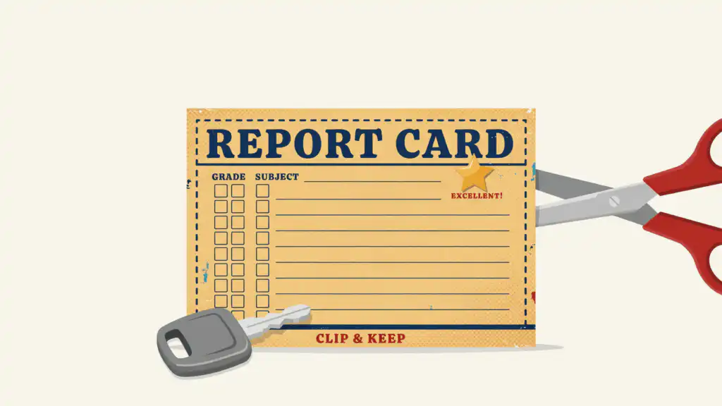 Report card coupon reading CLIP & KEEP, with a gold star marked EXCELLENT, red scissors at its edge, and a car key