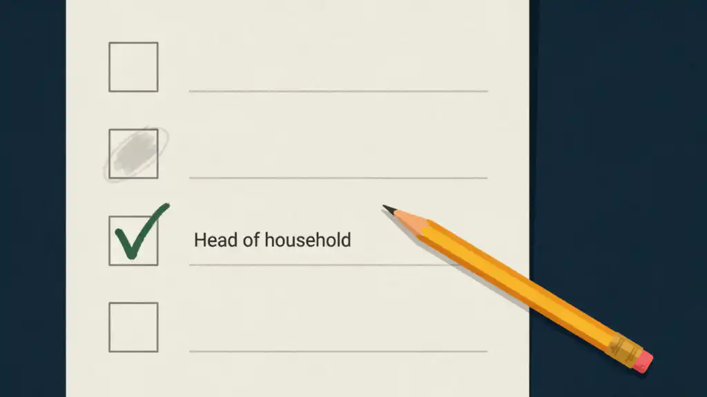 A green checkmark marks the Head of household box on a form, below an erased box, with a pencil beside it