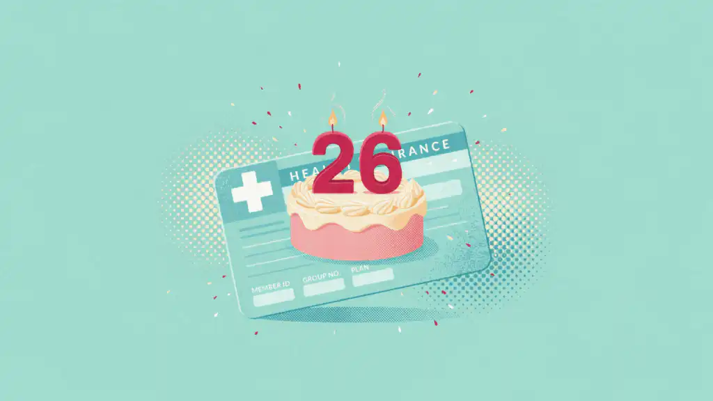 A birthday cake with 26 number candles sits on a pale teal health insurance card marked with a white cross.