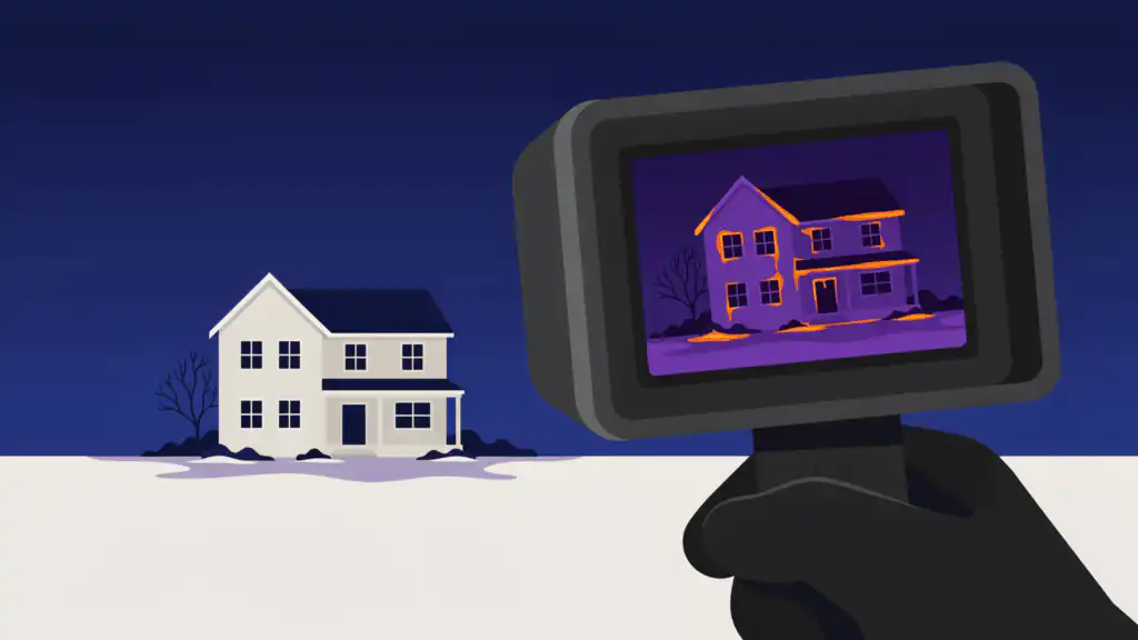 A home energy audit thermal camera shows heat leaking from a house's windows, door, and roofline