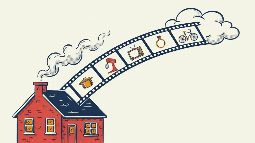 A film strip showing a pot, mixer, TV, ring, and bike rises from a brick house into a cloud, a home inventory kept safe