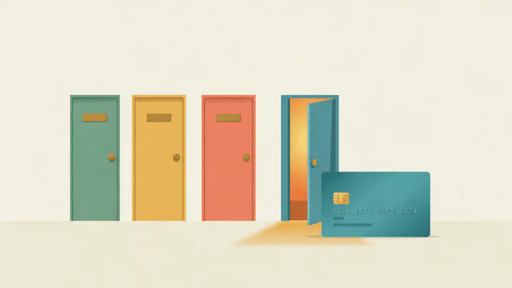 A teal hotel credit card numbered 4016 4025 4699 1033 at the one open teal door in a row of sage, mustard, and coral doors