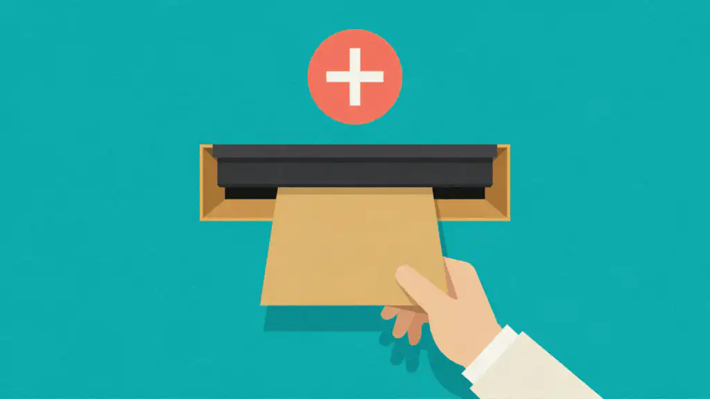 A hand pushes a kraft envelope into a brass slot below a health plus sign, under a steel shutter two-thirds shut