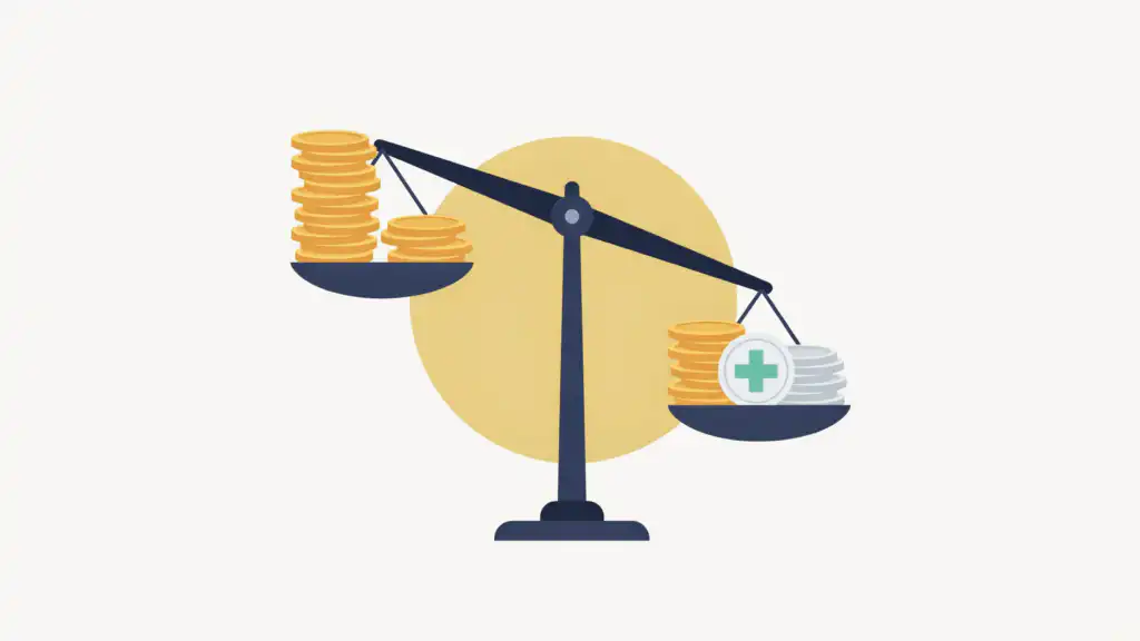 A balance scale tips toward a pan of gold coins, silver coins, and a medical cross token, outweighing a taller gold stack