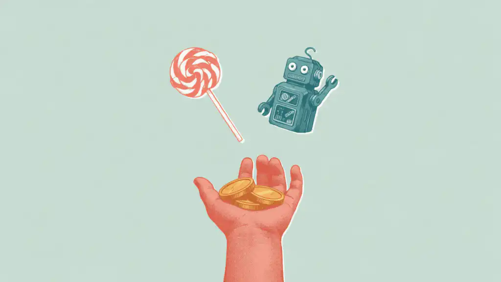 A child's open hand holds three gold allowance coins beneath a red-and-white swirled lollipop and a teal toy robot.