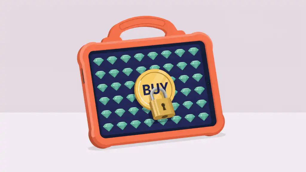 A brass padlock locked over the BUY button of an in-app game shop on a tablet in a chunky orange kids' case