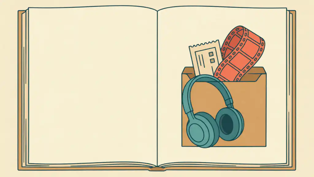 A library card pocket in an open book holding teal headphones, a coral film strip, and a ticket stub