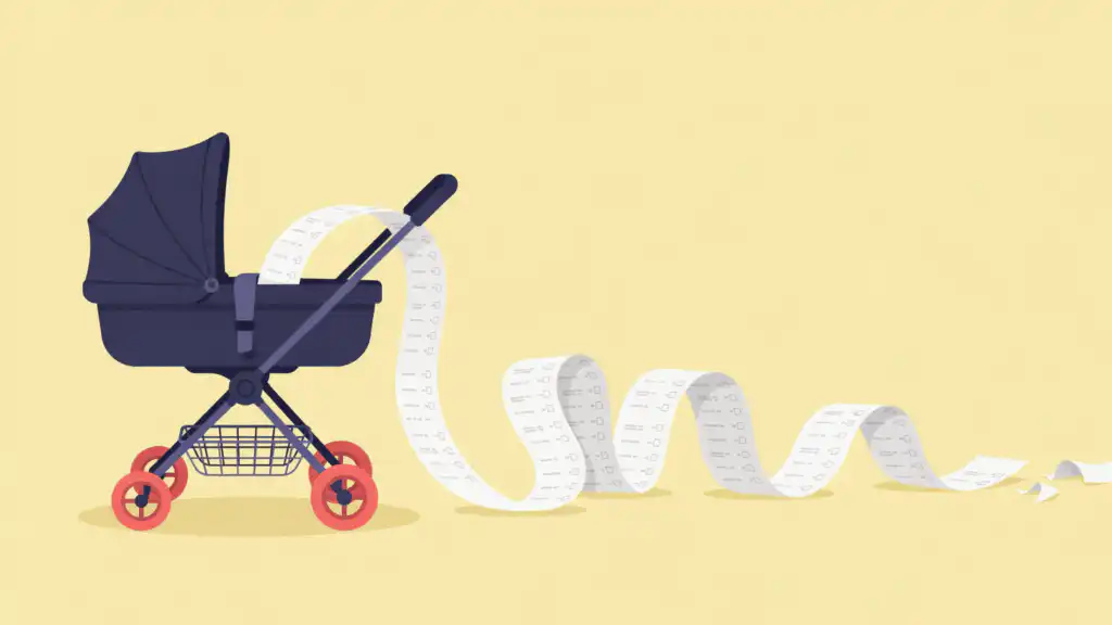 A navy stroller spills an extremely long receipt, the childcare bill that life insurance on a stay-at-home parent covers.