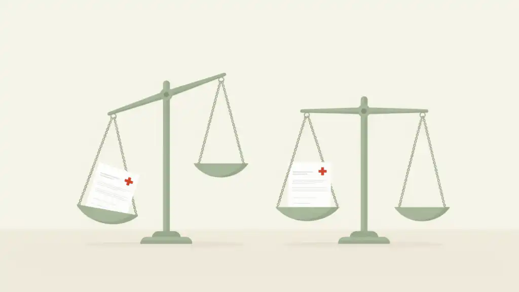 Two balance scales each hold the same medical bill, one sinking under it while the other stays level