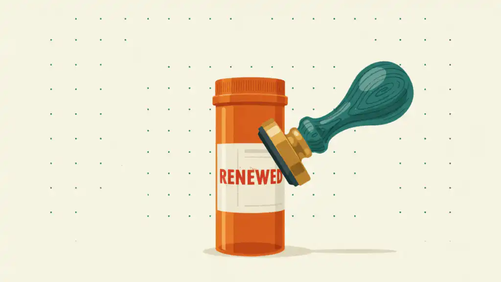 Medicare drug plan renewal shown as a rubber stamp printing RENEWED in red on an amber prescription bottle
