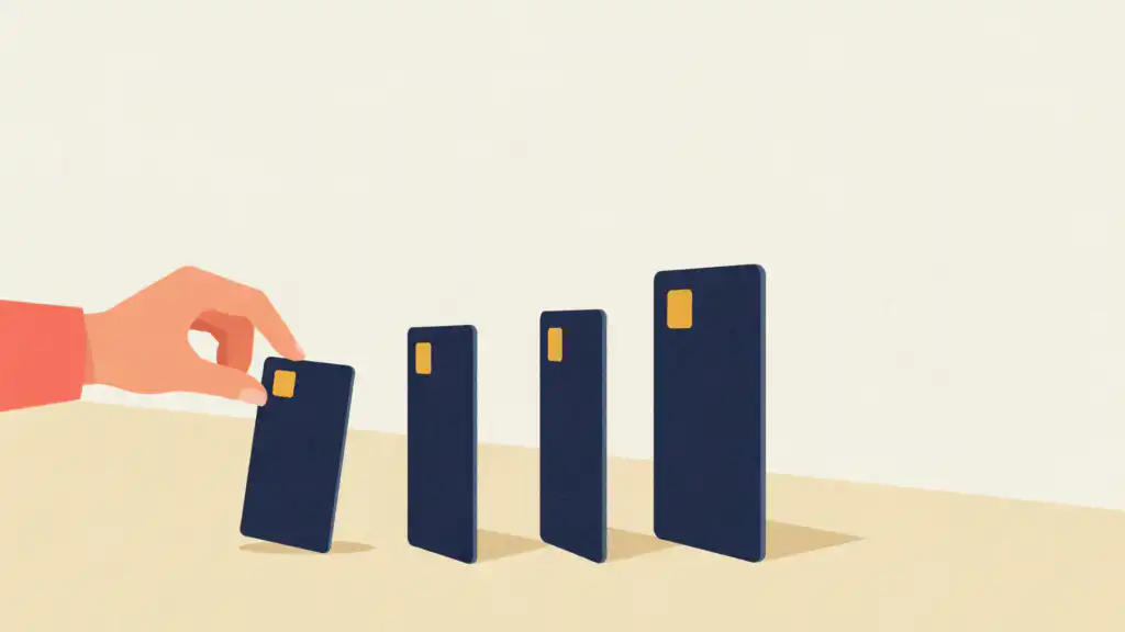 A hand holds the smallest of four credit cards standing in a row like dominoes, each taller than the last.