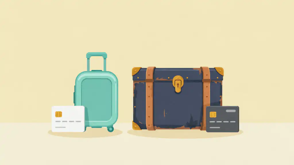 A white credit card stands by a new teal carry-on, and a charcoal card leans on a battered navy trunk with leather straps