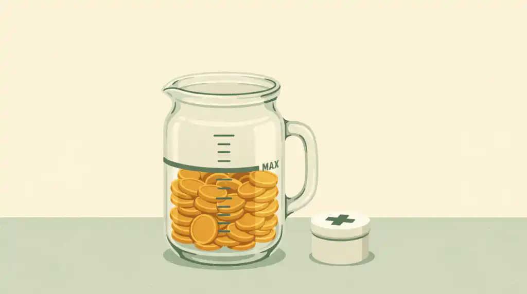 A glass measuring jug filled with gold coins up to a line marked MAX, beside a first-aid tin