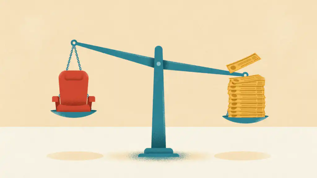 A balance scale tips toward a stack of travel vouchers and away from an airplane seat as one more voucher drifts down