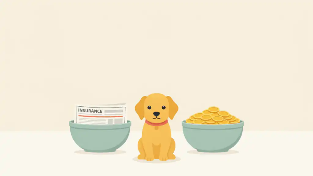 A golden puppy sits between two green bowls, one holding a document headed INSURANCE and the other heaped with gold coins.