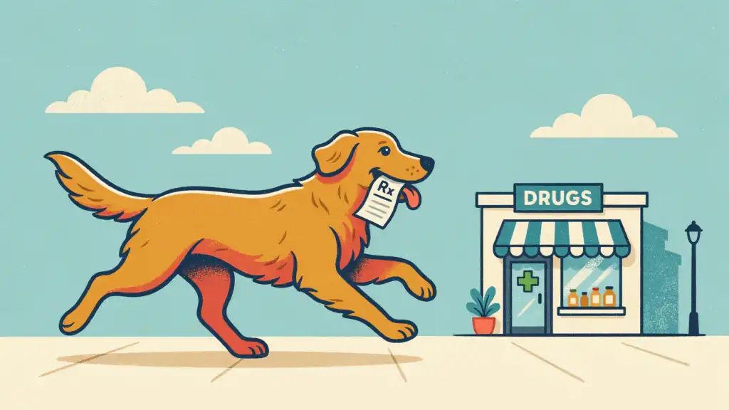 A golden retriever carries a pet prescription slip marked Rx to a drugstore with a DRUGS sign and a green cross on the door