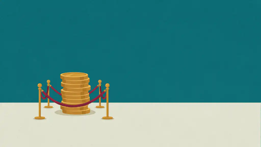 A stack of gold coins held behind brass stanchions and a burgundy velvet rope