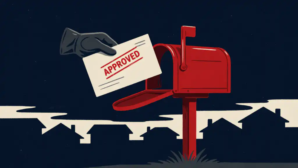 A gloved hand pulls an envelope stamped APPROVED from an open red curbside mailbox at dusk.