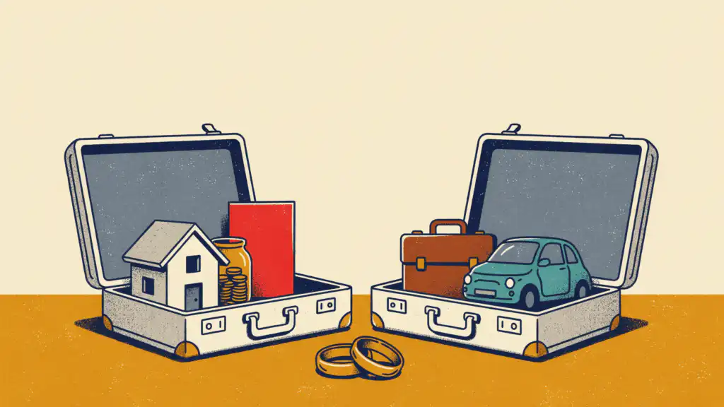 Two open suitcases holding a small house, a coin jar, a red folder, a briefcase, and a car, with wedding bands between them