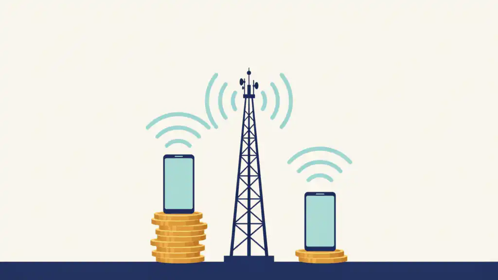 One cell tower sends the same signal to two phones, one on a tall coin stack and one on a short stack