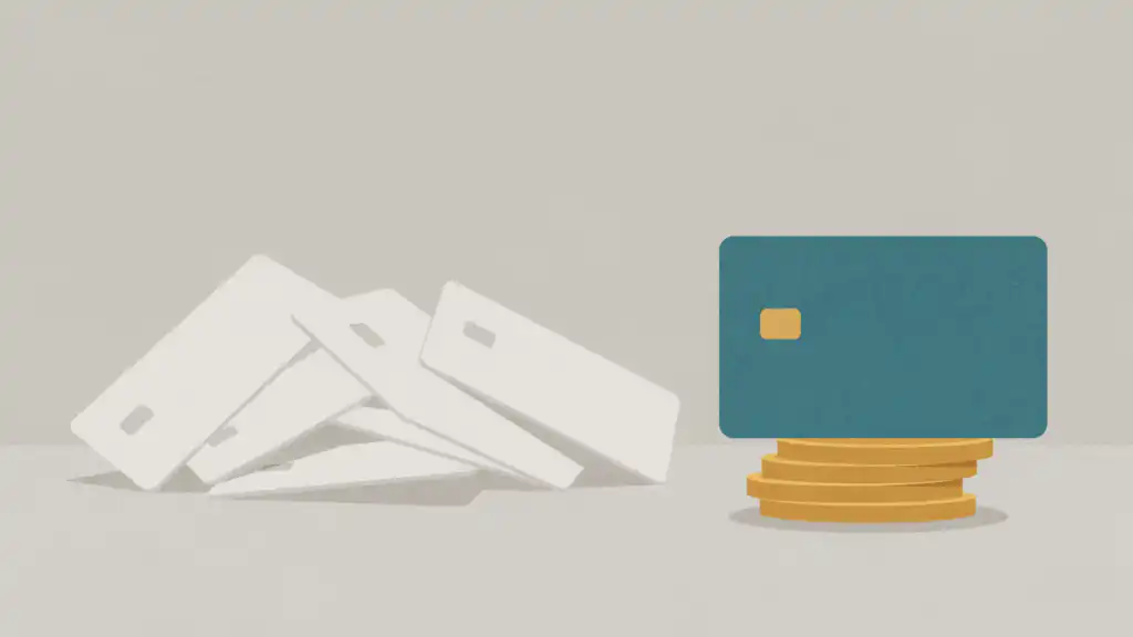 A teal secured credit card stands on a stack of gold coins beside a toppled heap of white credit cards