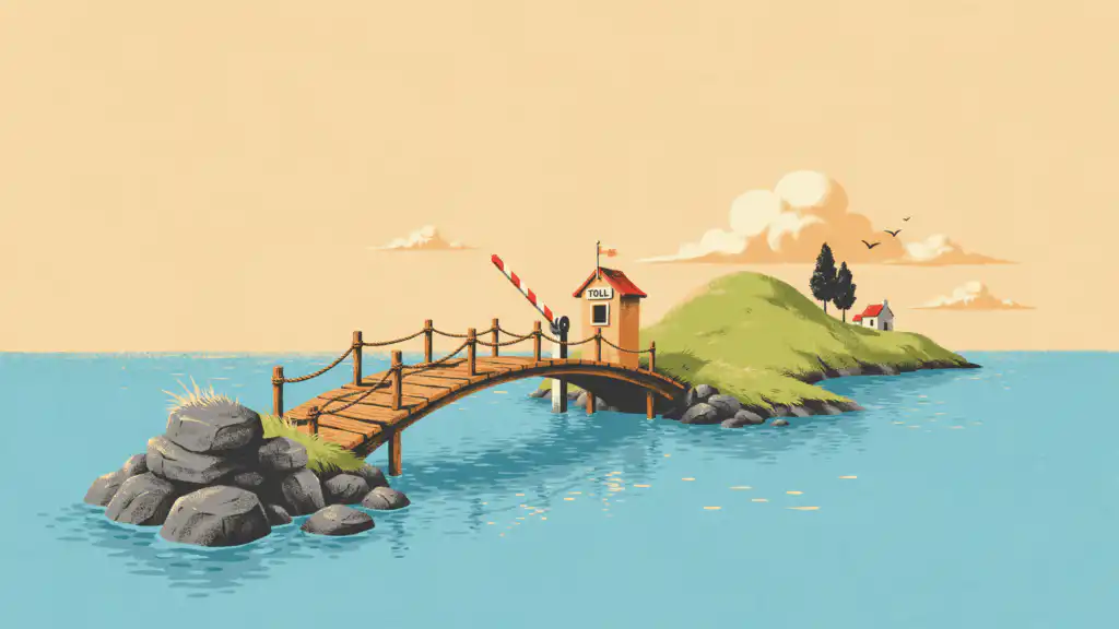 A wooden footbridge leads from gray rocks to a green island past a raised toll gate and a booth marked TOLL