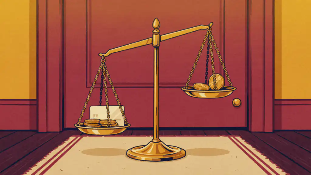 A balance scale by an apartment door tips toward a credit card and stacked gold coins, outweighing two coins