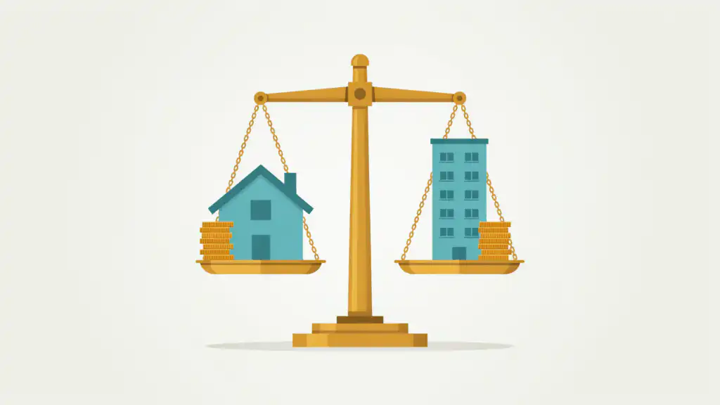 Balance scale holding a house and an apartment building level, each with an equal stack of gold coins