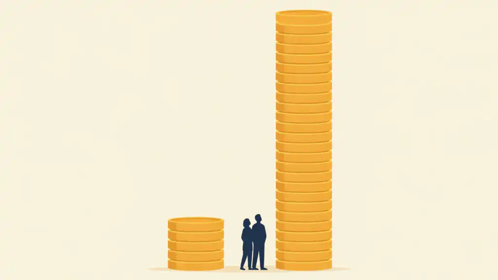 A retired couple looks up at a tall tower of gold coins beside a short stack of the same coins