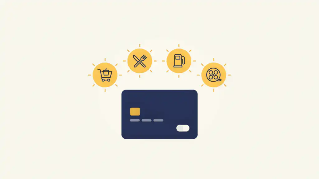 A navy credit card with its toggle switch flipped on, lighting up grocery, dining, gas, and entertainment category icons