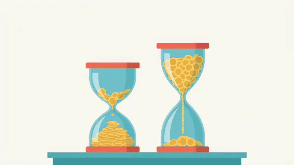 Two hourglasses of gold coins, a short one nearly run through and a tall slender one just starting to trickle