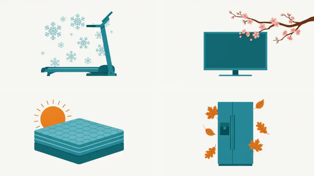 Four seasonal panels with a treadmill in snow, a TV by blossoms, a mattress under the sun, and a fridge in falling leaves