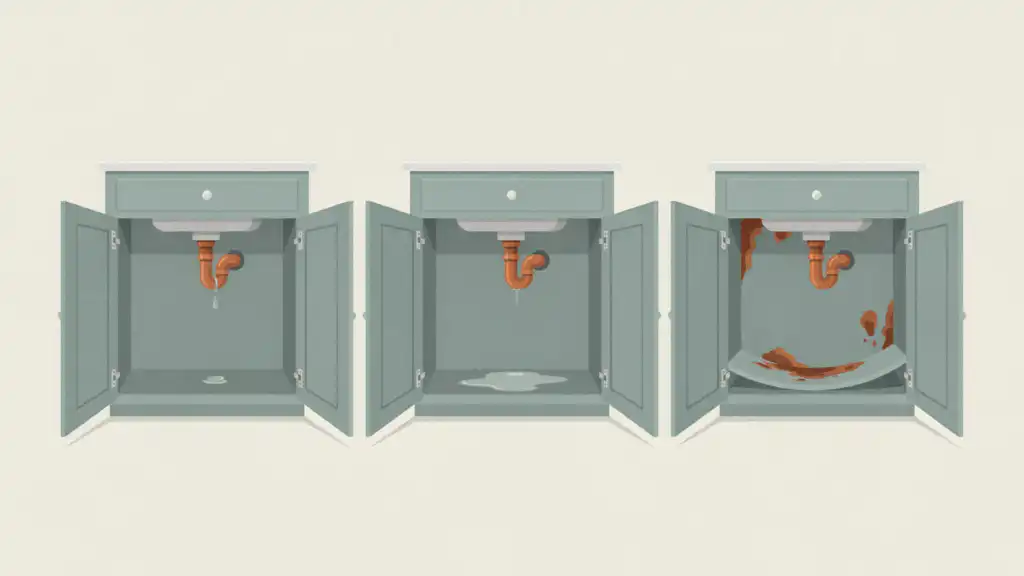 Three open sink cabinets show a slow water leak growing from one drip to a puddle to a warped, rust-stained floor