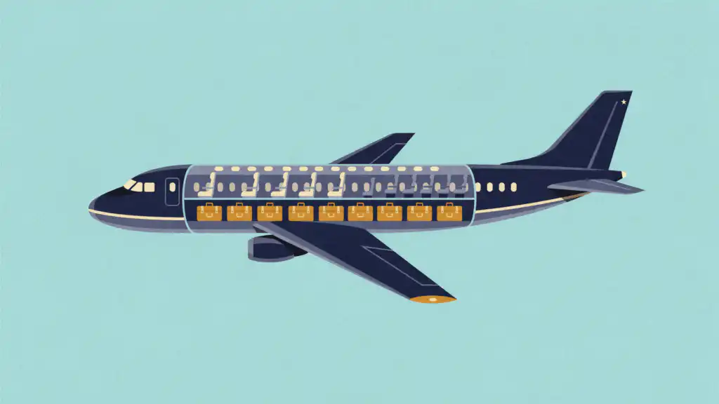 Navy airliner cut away to show identical mustard suitcases in the hold and roomier seats toward the nose